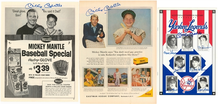 Lot of (3) Mickey Mantle Signed Advertisements & Program (3 Mantle Autos) (Beckett GEM MINT 10)